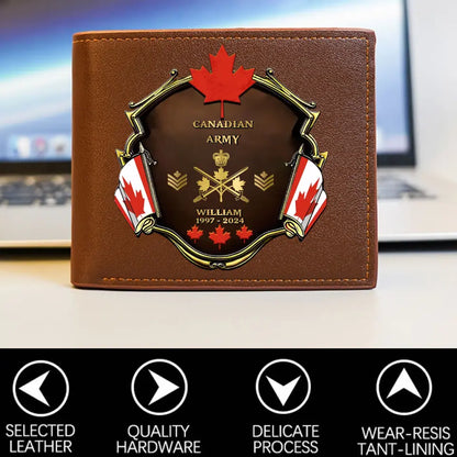 Personalized Canadian Army Veteran Rank Gold Custom Name & Time Leather Wallet