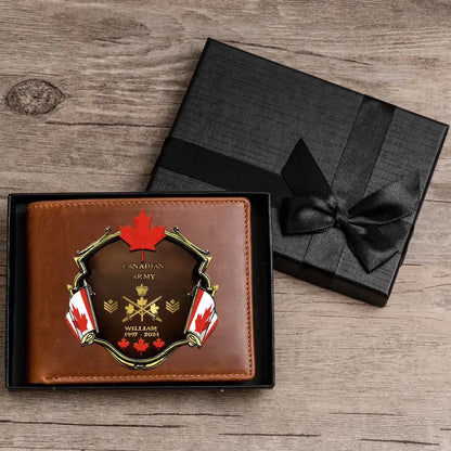 Personalized Canadian Army Veteran Rank Gold Custom Name & Time Leather Wallet