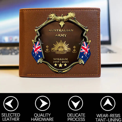 Personalized Australian Army Veteran Rank Gold Custom Name & Time Leather Wallet