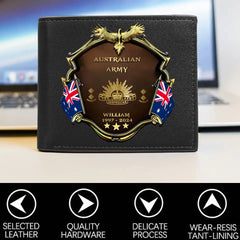 Personalized Australian Army Veteran Rank Gold Custom Name & Time Leather Wallet