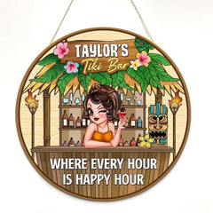 Welcome To Tiki Bar Sassy Woman Personalized Wood Door Hanger Sign