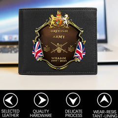 Personalized British Army Veteran Rank Gold Custom Name & Time Leather Wallet