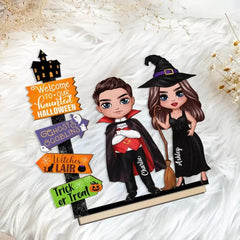 Welcome To Our Haunted House Couple Halloween Tier Tray Decor Personalized Standing Wooden Plaque