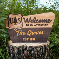 National Park sign & Forest Service Welcome Sign- family name sign, custom layered laser cut laser engraved, outdoor, wilderness enthusiast