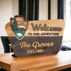 National Park Service Welcome Sign - NPS inspired family name sign, custom layered laser cut & engraved, wilderness enthusiast