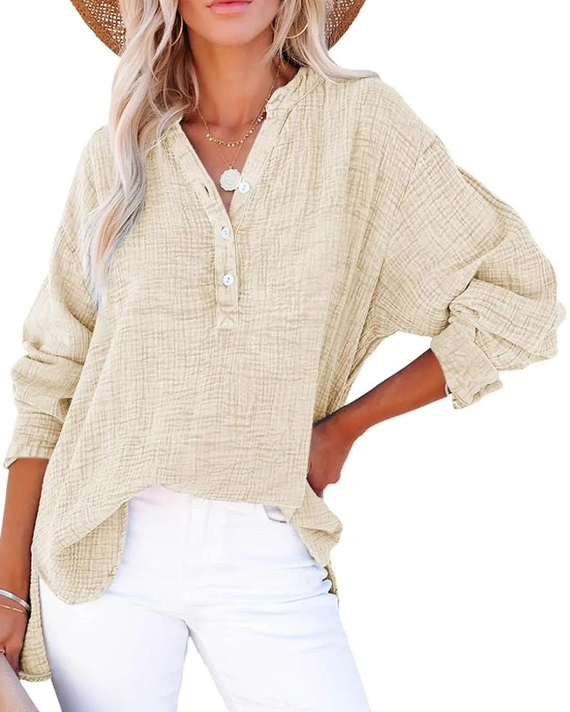 Womens Casual Button V Neck Long Sleeve Shirts Solid Blouses Tops