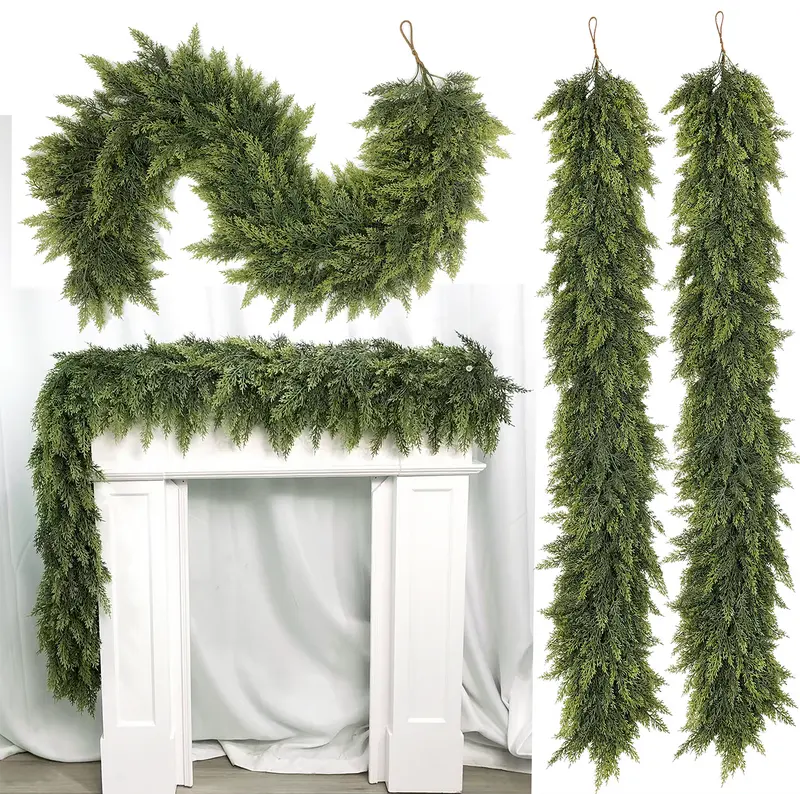 🎄Artificial Cedar Garlands, Real Touch Winter Cedar Garland, Green Artificial Greenery Pine Garland for Table, Mantle, Wall, Indoor, Outdoor Christmas Decorations
