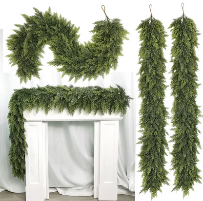 🎄Artificial Cedar Garlands, Real Touch Winter Cedar Garland, Green Artificial Greenery Pine Garland for Table, Mantle, Wall, Indoor, Outdoor Christmas Decorations