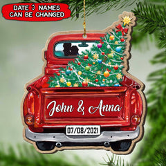 Personalized Red truck with Christmas Tree Couple Custom Names and Date Wooden Ornament ntk18oct21TP1