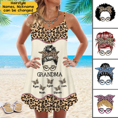 Personalized Leopard Messy Bun Grandma with Butterfly Grandkids Summer Dress