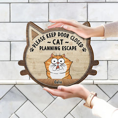Cats Planning Escape - Cadeau pour les amoureux des chats - Panneau en bois personnalisé en forme de personnalisé