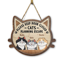 Cats Planning Escape - Cadeau pour les amoureux des chats - Panneau en bois personnalisé en forme de personnalisé