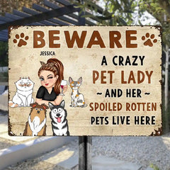 Beware A Crazy Dog & Cat Lady - Personalized Classic Metal Signs