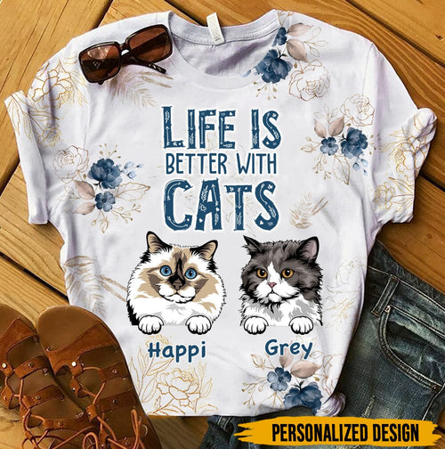 Life is better with cats Personalized 3D T-shirt Gift for Cat Lovers