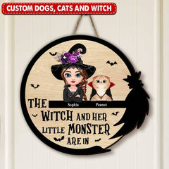 The WitchAnd Her Little Monster Are In - Gift For Yourself, Gift For Women - Personalized Halloween Custom Shaped Wood Sign - NTD14AUG23TP1