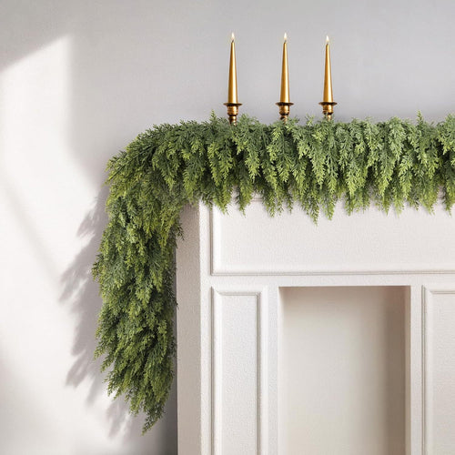 🎄Artificial Cedar Garlands, Real Touch Winter Cedar Garland, Green Artificial Greenery Pine Garland for Table, Mantle, Wall, Indoor, Outdoor Christmas Decorations