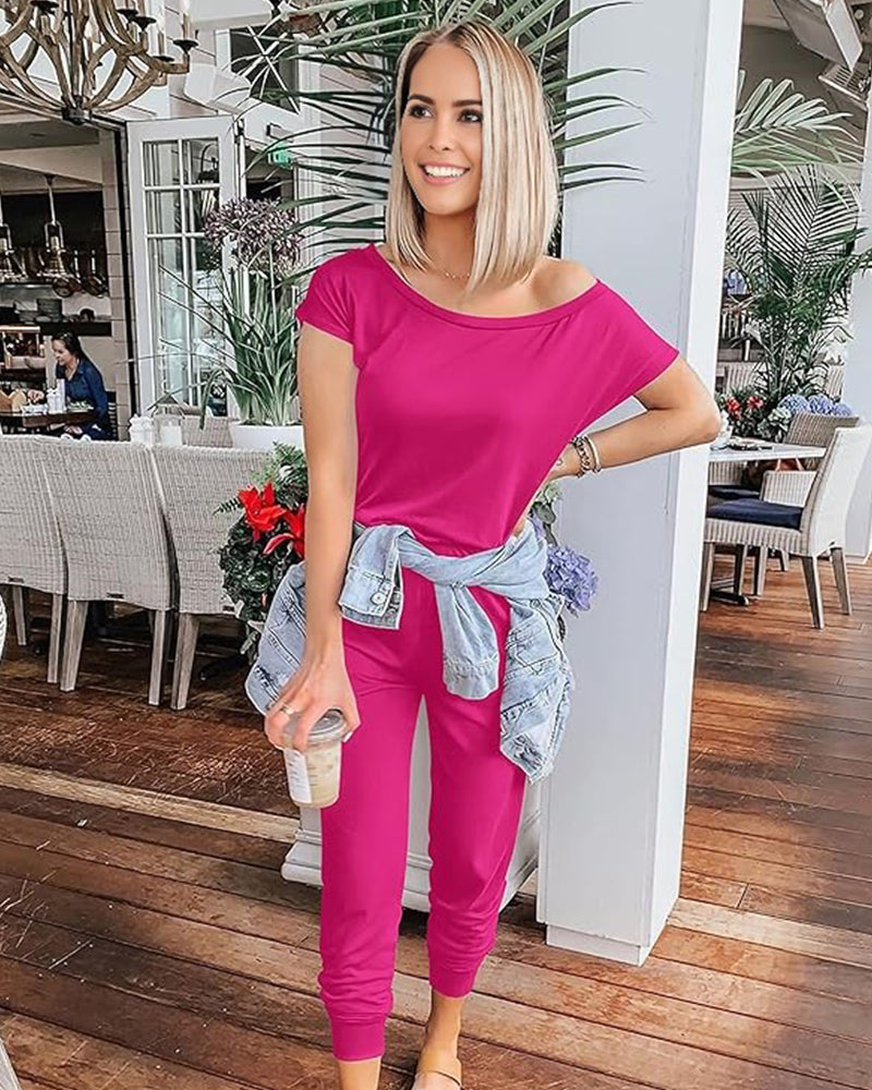 Off-Shoulder Short Sleeve Beam Foot Jumpsuit