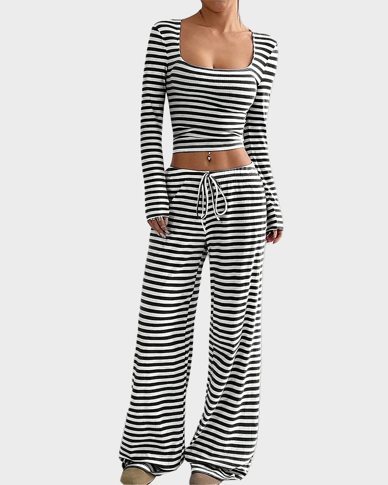 Stripe Crop Top & Wide Leg Two-Piece Lounge Set
