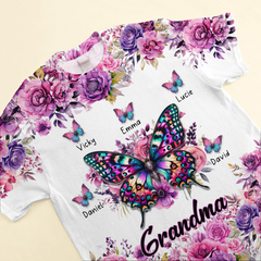 Purple & Pink Floral Butterfly Grandma Personalized 3D T-shirt