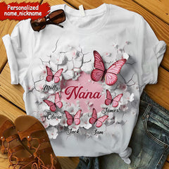 3D Effect Crack In A Wall Pink Butterflies Personalized 3D T-shirt Gift For Grandma/Mom