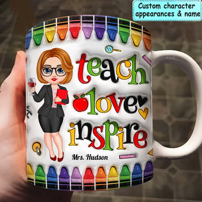 Colorful Crayon Teach Love Inspire Cute Pretty Doll Teacher Personalized White Mug Edge