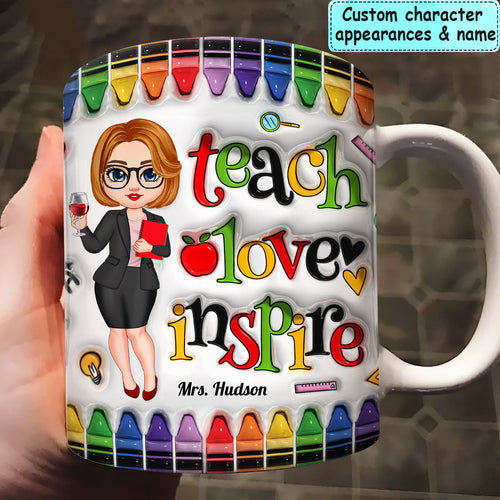Colorful Crayon Teach Love Inspire Cute Pretty Doll Teacher Personalized White Mug Edge
