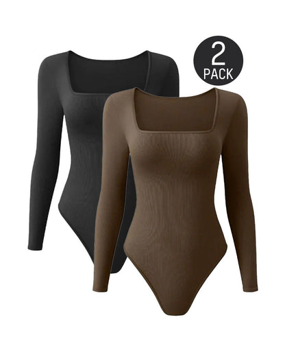 Ribbed Square Neck Long Sleeve Bodysuit