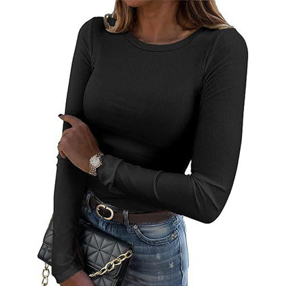 Women Long Sleeve Crewneck Rib Knit Slim Fit Shirts Basic Tee Tops