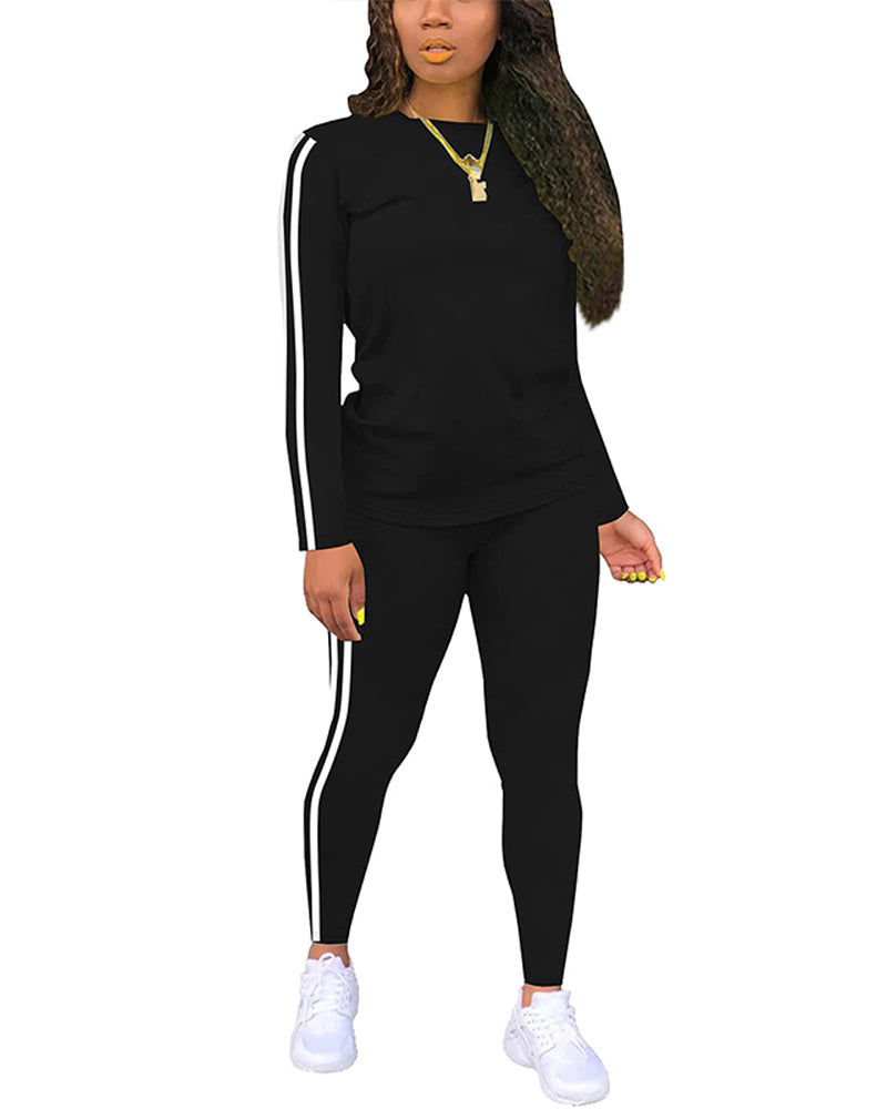 Women's Striped Print Long Sleeve Top & Pants Two-piece Set