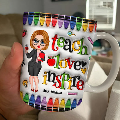 Colorful Crayon Teach Love Inspire Cute Pretty Doll Teacher Personalized White Mug Edge