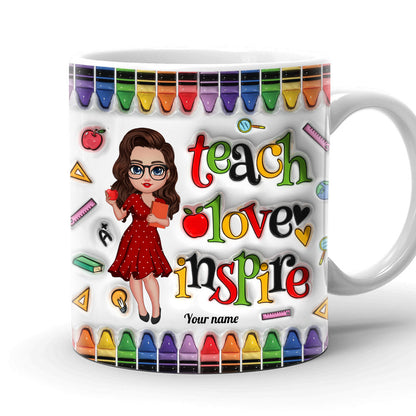 Colorful Crayon Teach Love Inspire Cute Pretty Doll Teacher Personalized White Mug Edge