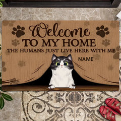 Bienvenue sur notre tapis de porte d'entrée à la maison, cadeaux pour les amoureux des animaux de compagnie, chien et chat furtivement depuis le rideau, paillasson personnalisé