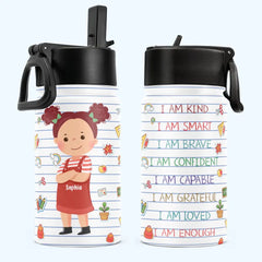 Smart Loved Brave Confident - Bouteille d'eau personnalisée pour enfants avec couvercle en paille