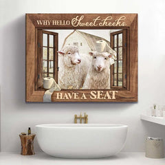 Funny Animal Bathroom Wall Art, Hello Sweet Cheeks Have A Seat Sign