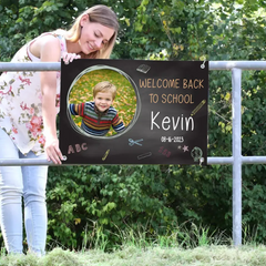 Photo banner for the first day of school, Welcome Back to School, Finally a schoolchild