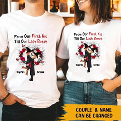 T-shirt Halloween personnalisé Couple de poupées s'embrassant de notre premier baiser jusqu'à notre dernier souffle