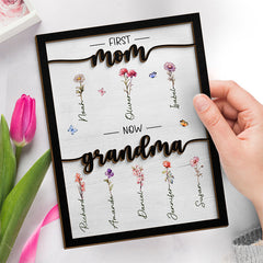 First Mom Now Grandma  - Family Personalized Custom 2-Layered Wooden Plaque With Stand - House Warming Gift For Mom, Grandma